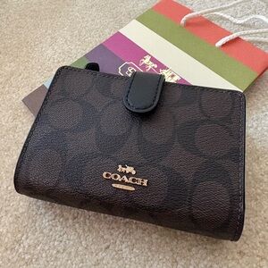 Coach Medium Corner Zip Wallet Brown signature coated canvas